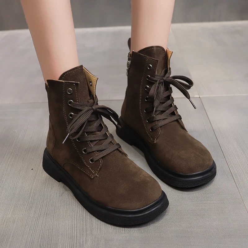 2023 Fashion Women's Shoes Basic Women's Boots Casual Ankle Boots Women Side Zip Cross-tied Round Toe Square Heel Shoes Female