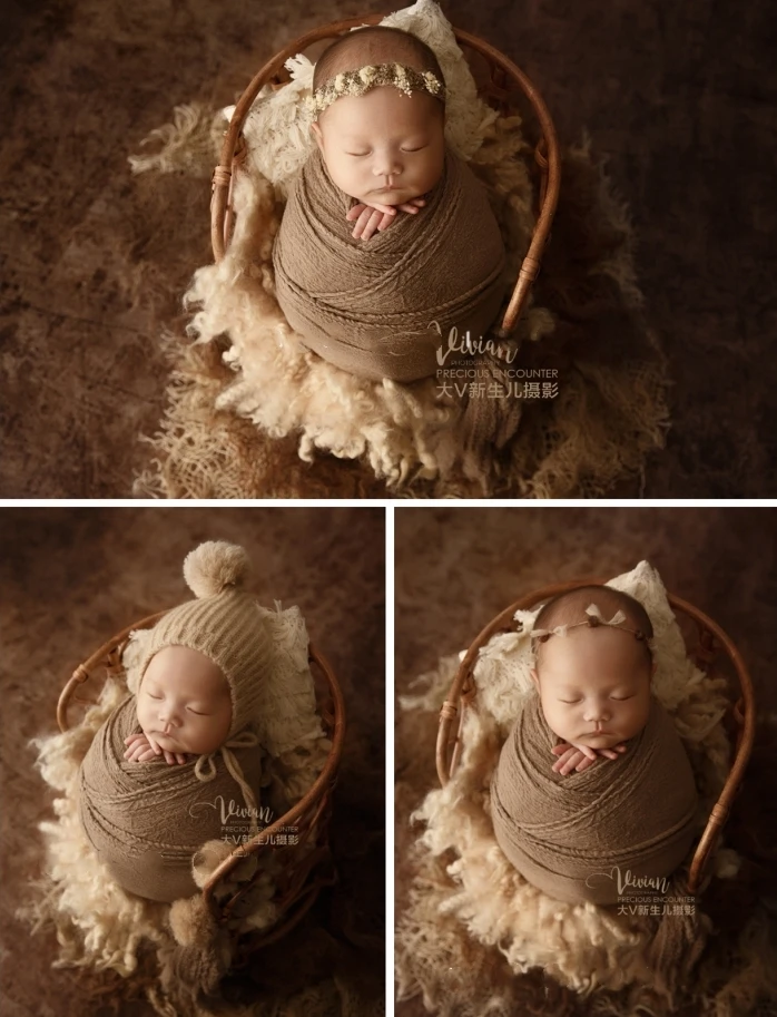 Newborn Baby Photography Props Bakdrop Rattan Posing Chair Tassel Pillow Wool Blanket Vintage Theme Set Studio Photo Props