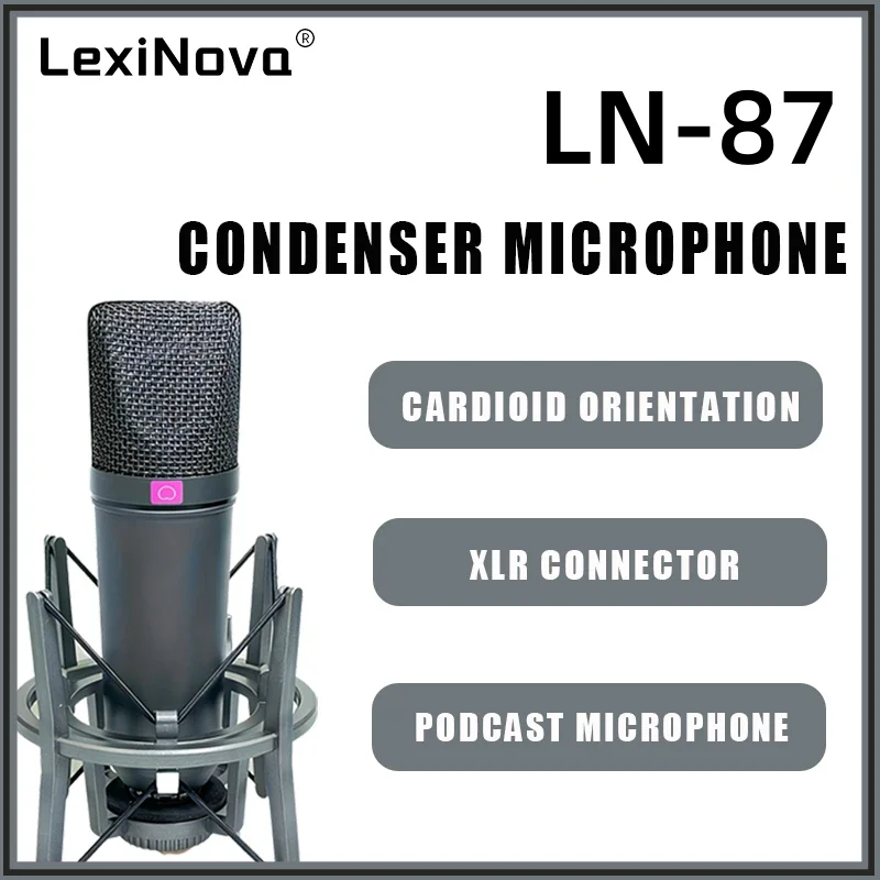 LN-87 메탈 디자인 고품질 사운드 콘덴서 마이크 스튜디오 전문 녹음용 마이크 (충격 방지 홀더 및 XLR 케이블 포함)