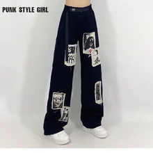 Goth Grunge Black Jeans E-girl Hip Hop Streetwear Punk Patchwork Print Pants Oversize Wide Leg Trousers 90s Cyber Baggy Jogger