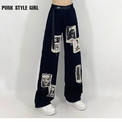 Goth grunge preto emo calças de brim egirl hip hop streetwear punk retalhos impressão calças de perna larga oversize 90s cyber baggy jeans