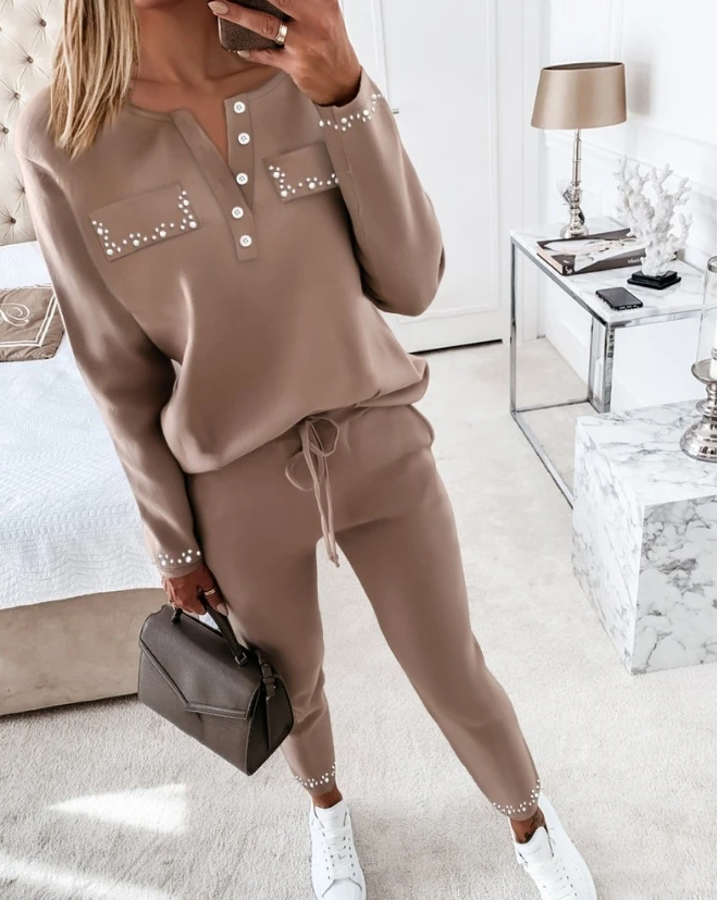 Women's Casual Two Piece Set Spring Autumn Solid Color Round Neck Long Sleeve Beaded Button Top and Drawstring Pocket Pants Set