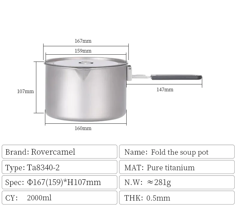 Camping Cookware Set Ultralight Titanium pot and Fry Pan with Foldable handle 3 Piece Cookset for Camping and Outdoor