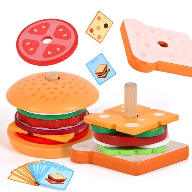 Montessori Wooden Burger Stacking Toys for Toddlers and Kids Preschool Educational Toys Fine Motor Skill Toy 6