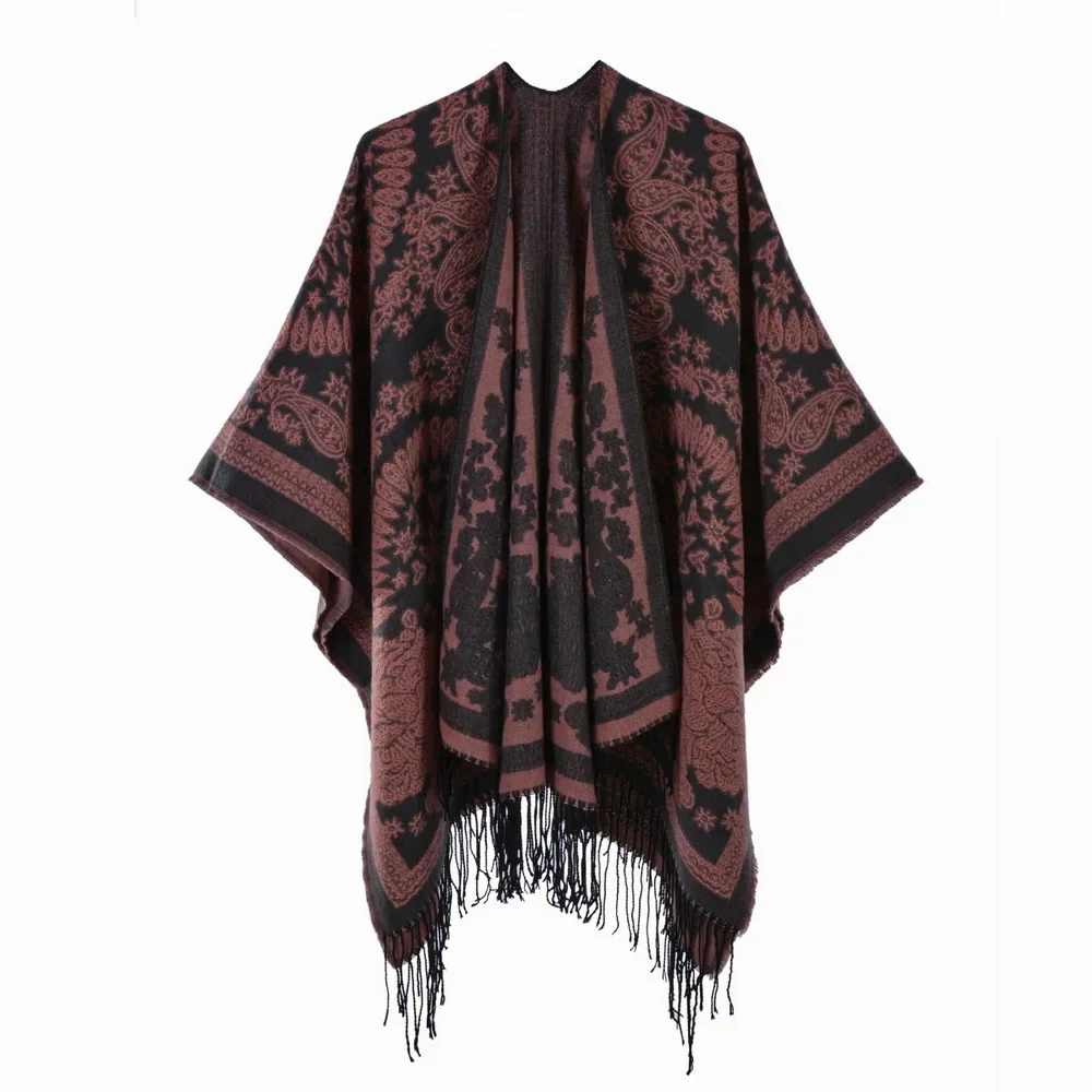 

Autumn Winter Split Knitted Shawl Tassel Double Sided Split Women Imitation Cashmere Poncho Lady Capes Pink Cloaks