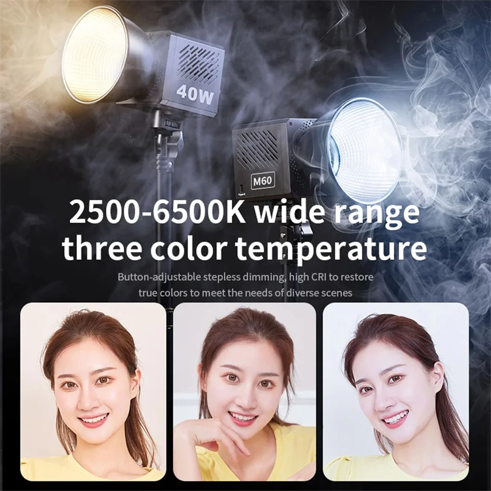 M60 핸들 사진 스튜디오 조명, COB 바이 컬러 CCT 2500-8500K CRI 95 TLCI 97 디퓨저 LED 비디오 조명, 브이로그 촬영 필 조명