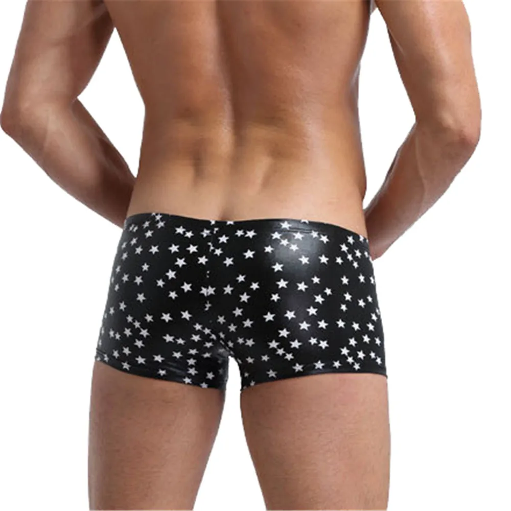 Fashion Men Star Printed Boxers Underwear Sexy Faux Leather Low Waist Leather Boxershorts Panties Male U Convex Pouch Underpant