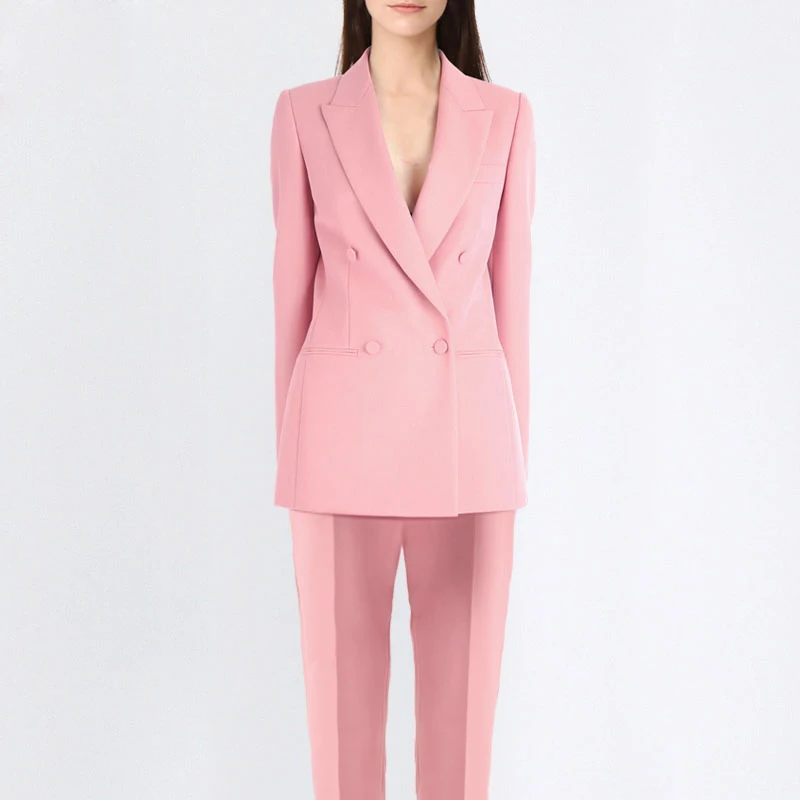 Customized pink double breasted business casual formal slim fitting office women's suit wedding party evening dress (jacket+pant