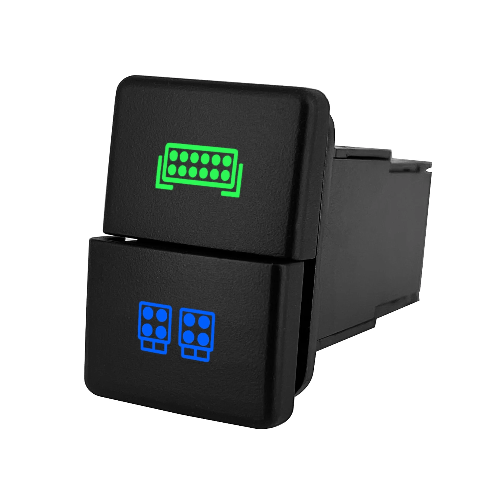 thumbnail image 2 of Dual Push LED Backlit Switch For Toyota 4Runner, Tacoma, Tundra – Blue/Green Light, Fits 1.54"x0.83" Slot 2 of 11