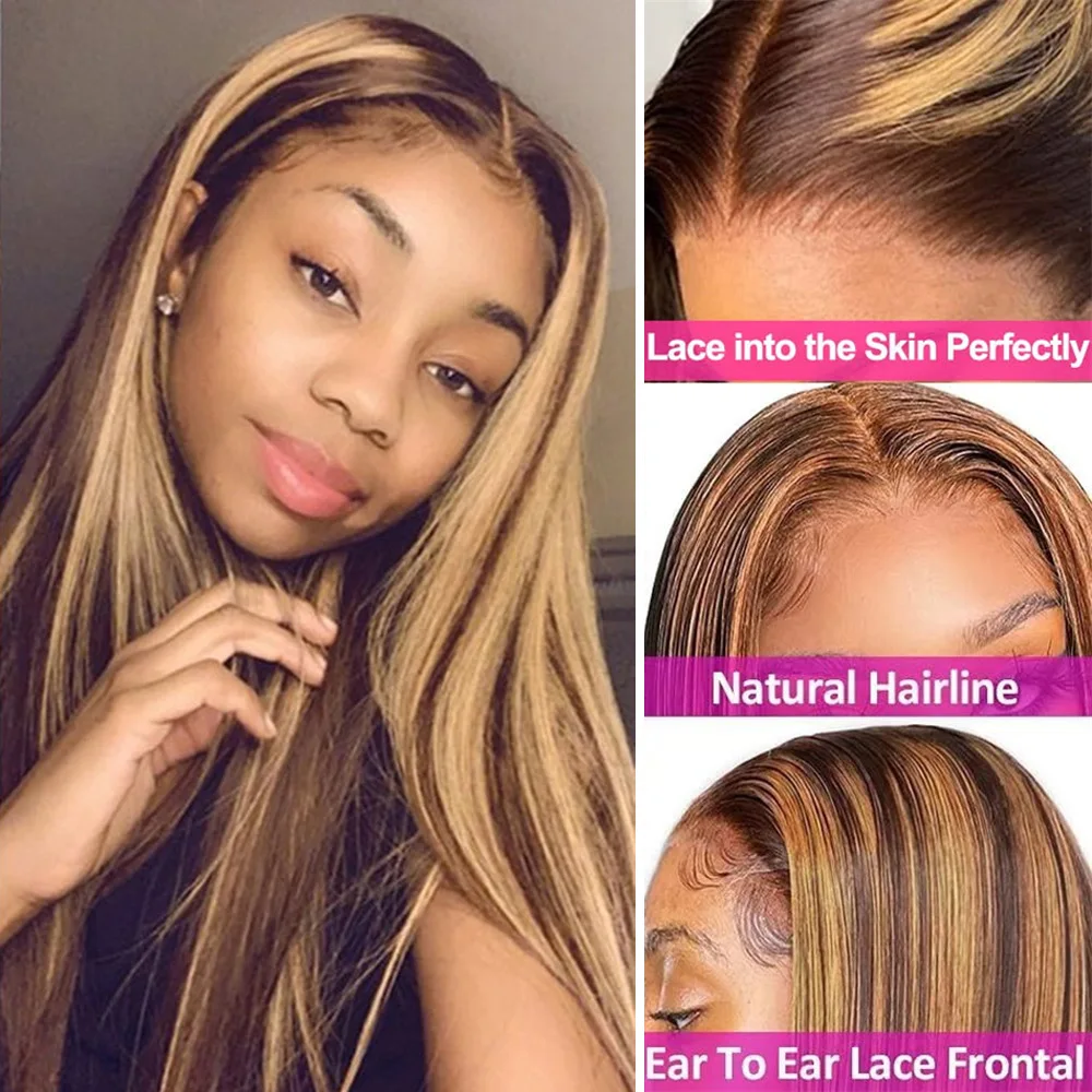 Highlight Wig Human Hair Wigs Bone Straight 13x6 HD Lace Frontal Wigs 100% Human Hair Ombre Honey Blonde 13x4 HD Lace Front Wig - Image 3