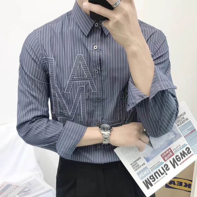 Spring Autumn New Turn-down Collar Fashion Long Sleeve Shirt Man High Street Casual Slim Button Cardigan Letter Embroidered Tops