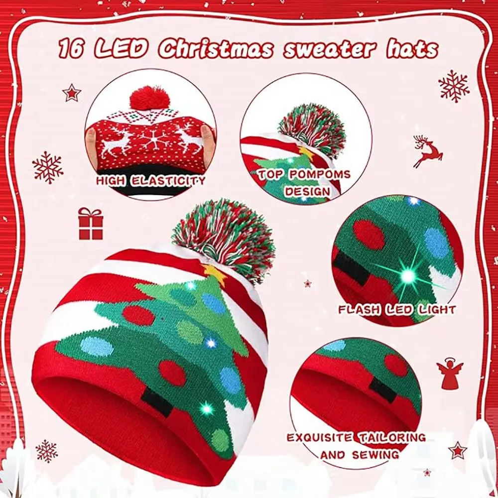 1/2/5/10/20 Pcs Christmas Hat Xmas LED Light Up Beanie Knit Hats Winter Snow Hats Cap Christmas Party Favors for Adults and Kids