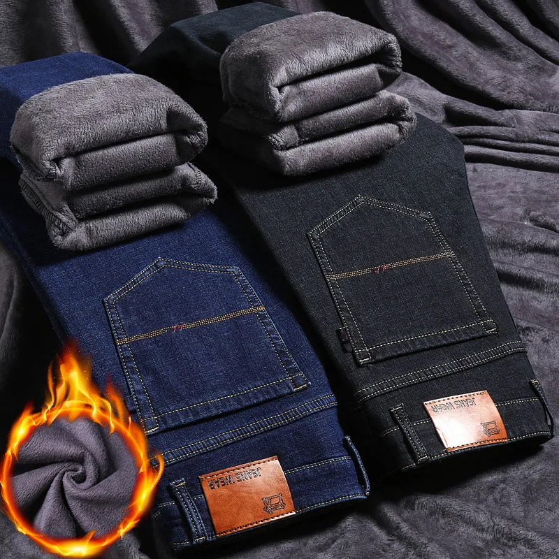 

2024 Plush Thickening Fashion Versatile Denim Pants Men's Winter Thickened Slim Elastic Straight Leg Business Casual Warm Pants