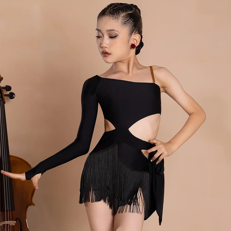 New Kids Latin Dance Dress Girls Irregular Fluorescent Yellow Black Tassel Dress Cha Cha Rumba Samba Competition Dress BL11329