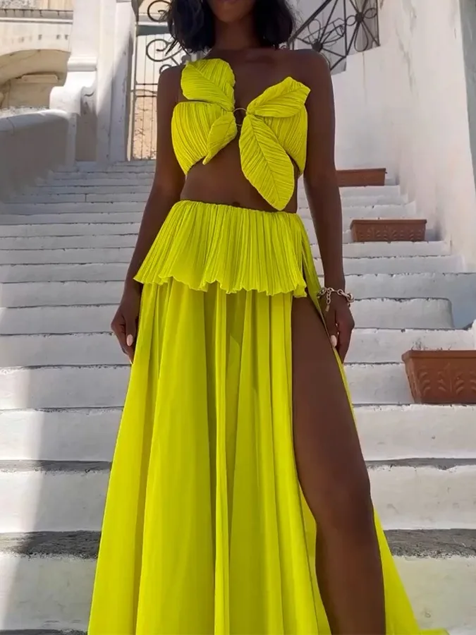 Solid Color Women'S Swimsuit 3D Leaf Shaped Flower Design Swimwear High Slit Skirt 1 Shoulder Strap Beachwear Sexy Bathing Suits