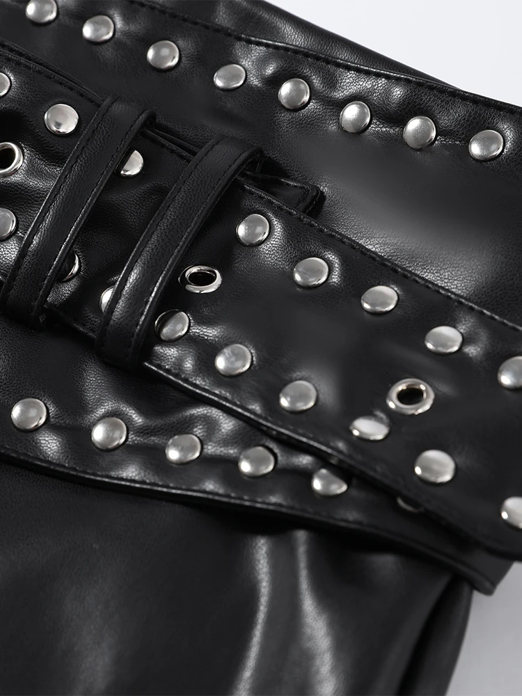 Tief Ausgeschnittene Metallische Kunstleder-Jacken Mini-Rock-Anzüge für Damen Sexy Langarm Reißverschluss Crop-Jacken Etuikleider Schicke Damen-Outfits – Detail 9