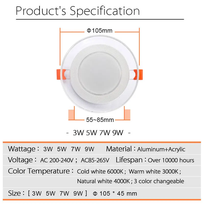 LED 조명 가이드 다운라이트, 아크릴 패널 조명, 천장 매입형 램프, 고휘도, 3W, 5W, 7W, 9W, 12W, 15W, 18W, 4 개