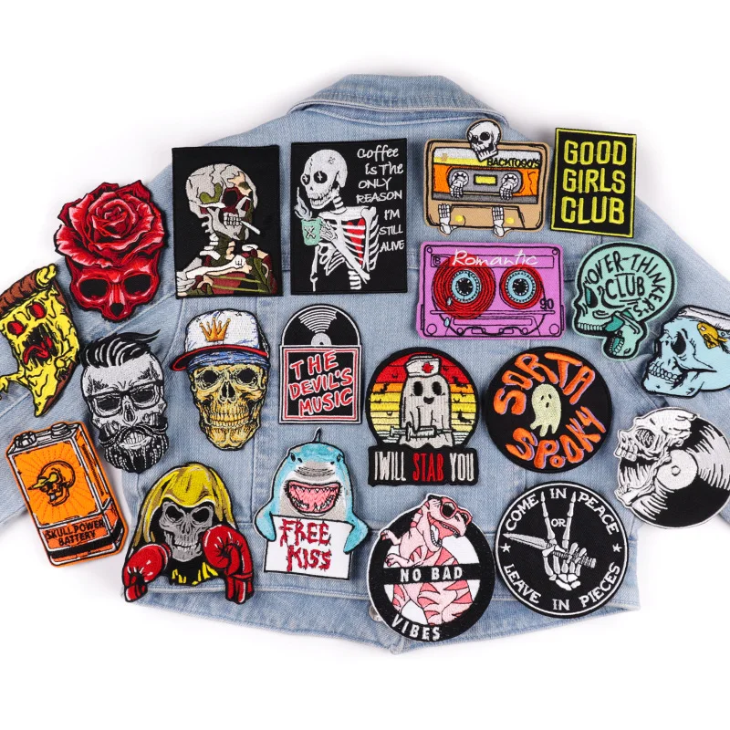 

Rock Music Skull Patch Jackets Sew Embroidered Applique Patch Iron On Patches For Clothing Punk/Animal Patches On Clothes DIY