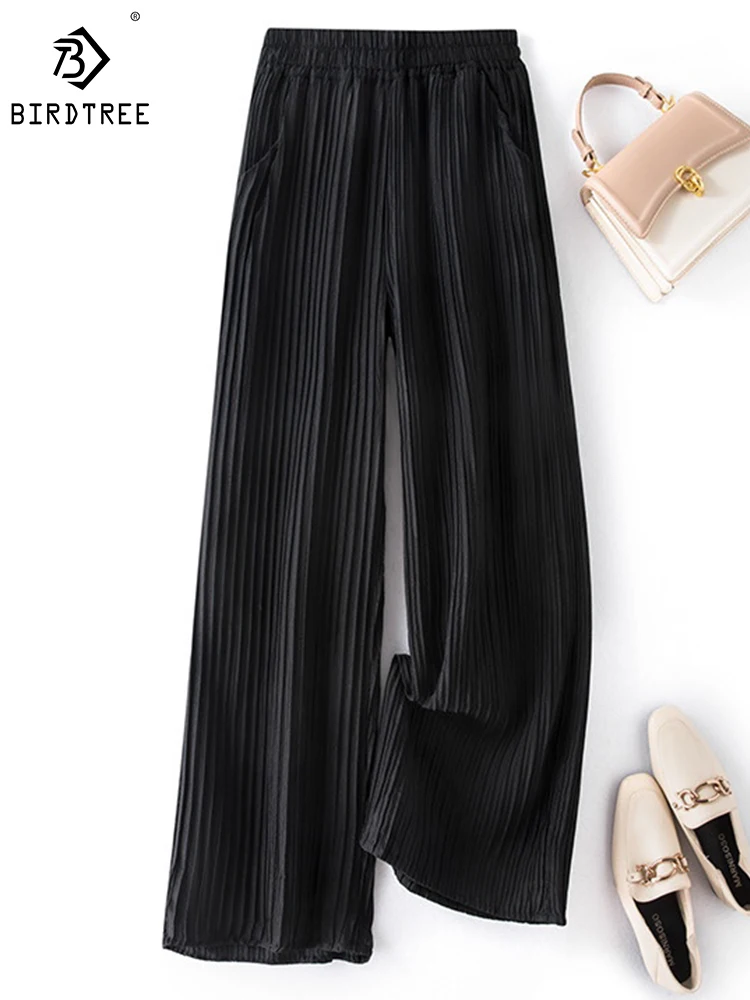 버드트리 93% 뽕나무 실크 질감 스트레치 플리츠 와이드 팬츠, 하이웨이스트 슬림 스트레이트 팬츠, 루즈한 슬랙스, B38928QD 