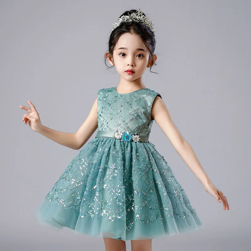 

Girls Sage Green Sequined Tulle Flower Girl Dress for Wedding Lace Birthday Communion Ceremonial Gown for 4-6-8-10-12 Kids