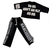 New Gothic Letter Patchwork Tracksuit Men Y2k Hip Hop Retro Sequin Striped Clothes Sweatpants T Shirt Two Piece Set Streetwear 2