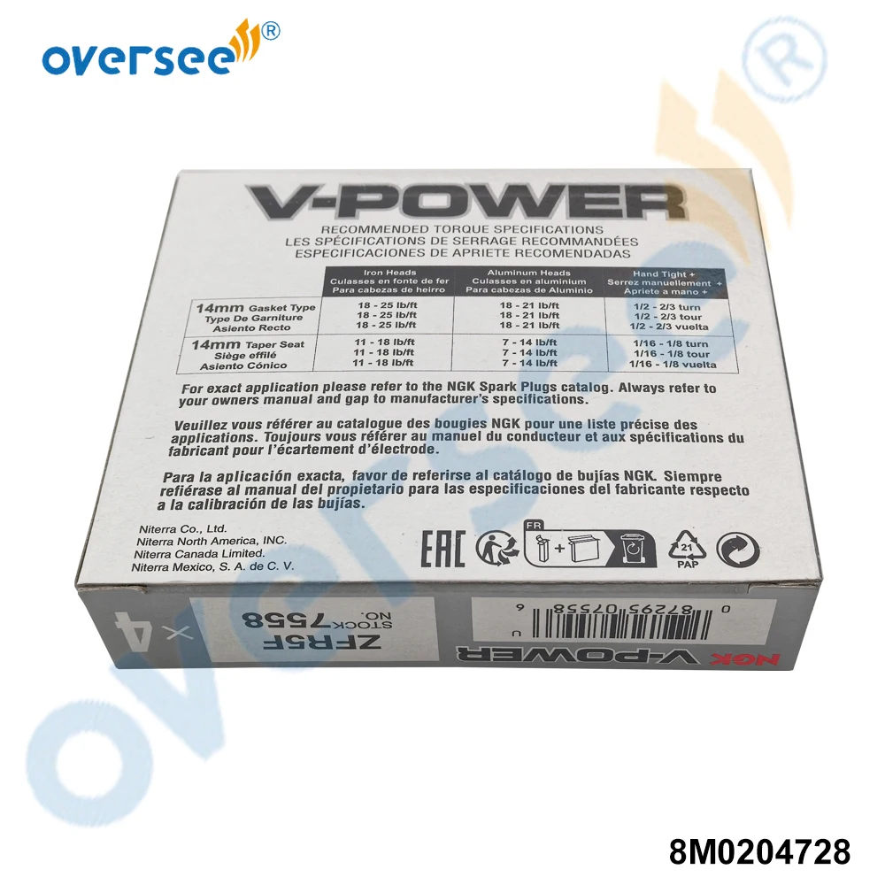 Spark Plug ZFR5F 8M0204728 for Mercury EFI 4-Stroke engines 65-150 HP