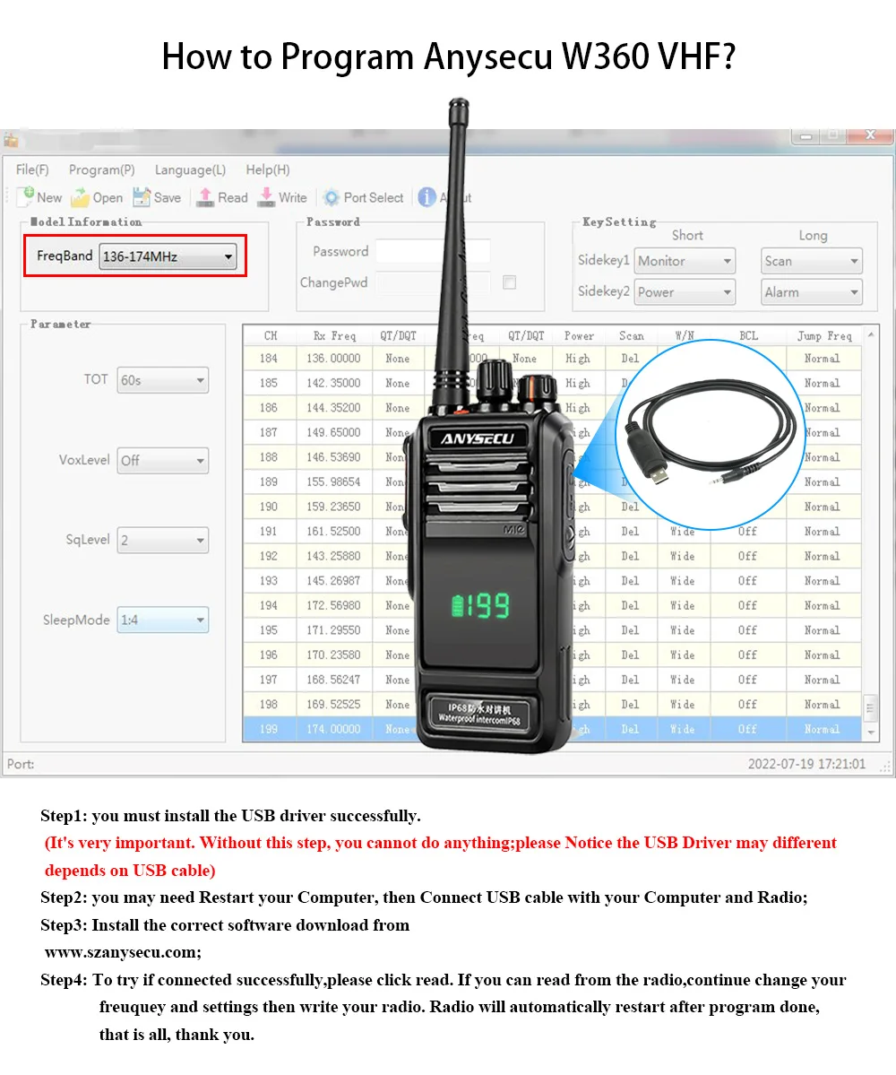Anysecu W360 IP68 Water-proof Two Way Radio with Active View Screen Design VHF 136-174MHz or UHF 400-520MHz 5