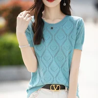 New Summer Fashion 100% Pure Cotton Women's Sweater Short sleeved Casual O-neck Pullover T-shirt Loose Knitted Hollow Top - Image 3