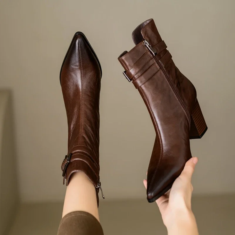 

2023 Autumn Women Boots Pointed Toe Chunky Heel Boots Leather Shoes Short Modern Boots Winter Belt Buckle Boots Genuine Leather