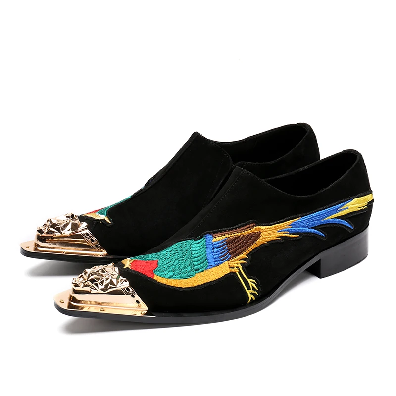 Christia Bella New Luxury Embroidery Bird Men Suede Leather Shoes Metal Pointed Toe Men Dress Oxford Shoes Party Mens Suit