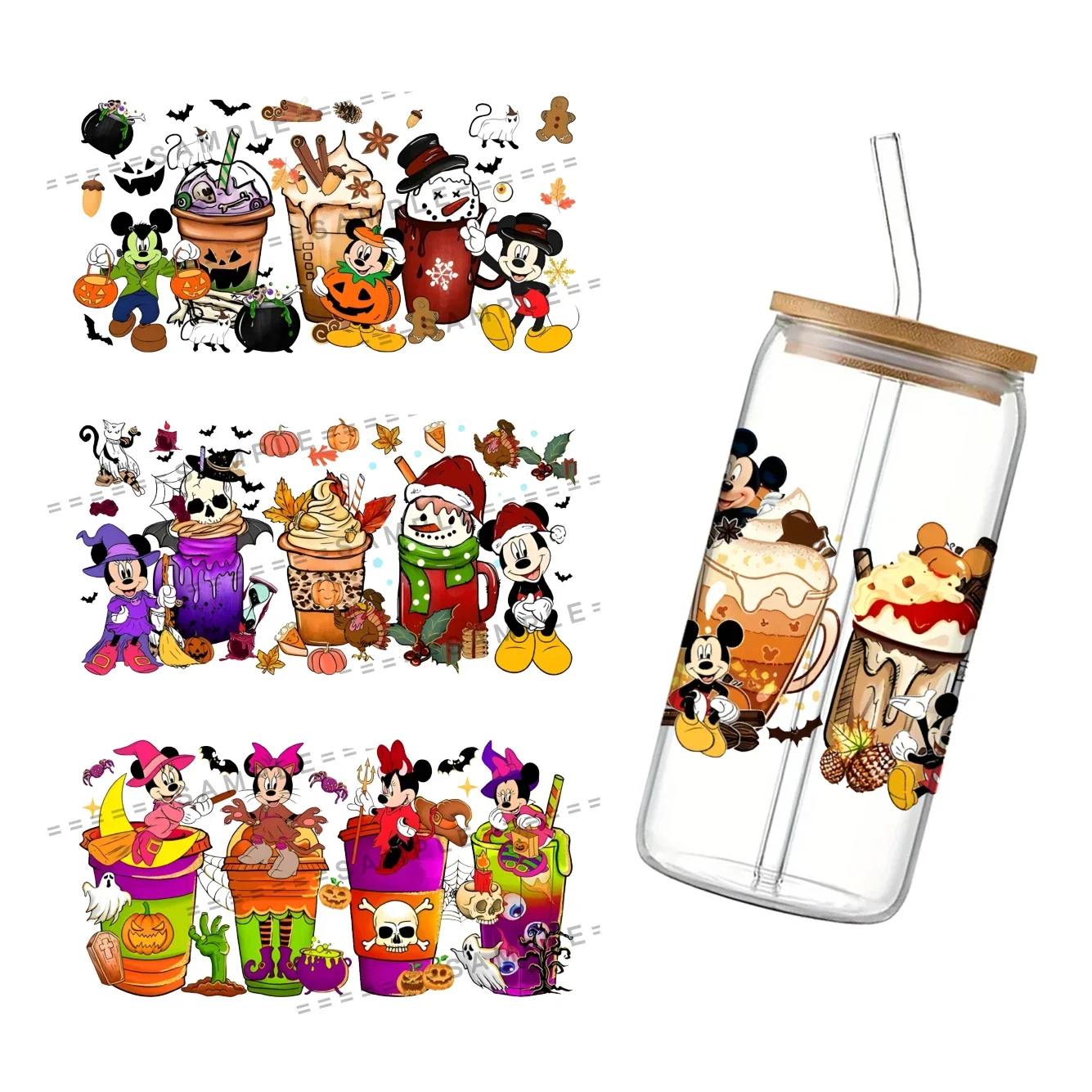 

Mickey Minnie Mouse Disney Halloween Theme 3D Waterproof UV DTF Cup Wrap for 16Oz Libbey Glass Can DIY Transfer Sticker