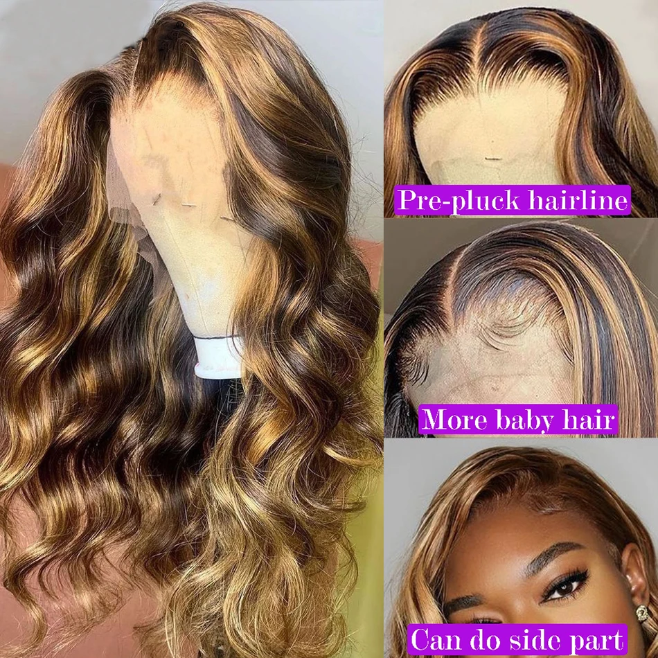 28 30 Inch Highlight Ombre Body Wave 13x4 Lace Front Human Hair Wigs Colored 4/27 Water Wave Frontal Wig For Women Preplucked