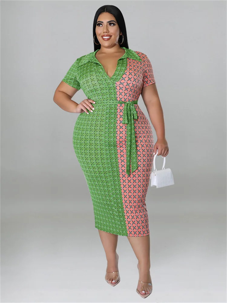 Wmstar Plus Size Women Clothing Dresses with Lace Up Patchwork Bodycon Stretch Elegant Plaid Maxi Dress Wholesale Dropshipping