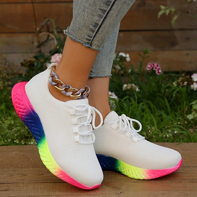 Rainbow Bottom Sneaker Shoes Women Lace-Up Breathable Mesh Casual Shoes Woman Outdoor Non-Slip Flats Chaussure Femme Zapatillas