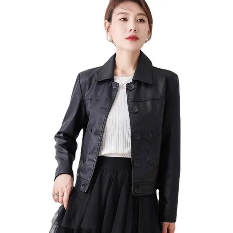 Short Leather Jacket Women 2023 New Autumn Top Leather Jacket Pockets Chic Vintage New Outerwears Jaqueta De Couro Feminina