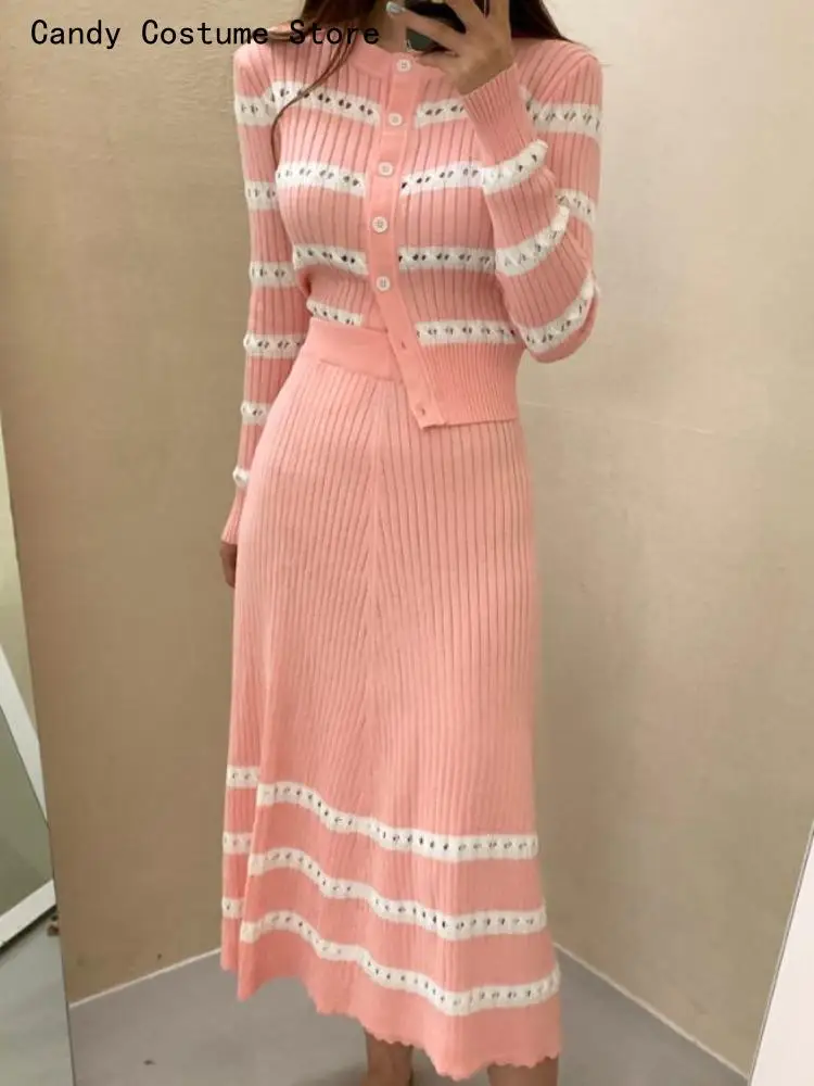 Ladies Two Piece Suits Autumn Winter Fashion Casual Striped Knitted 2 Piece Set Women Knit Cardigan Sweater + Long Skirt Suits