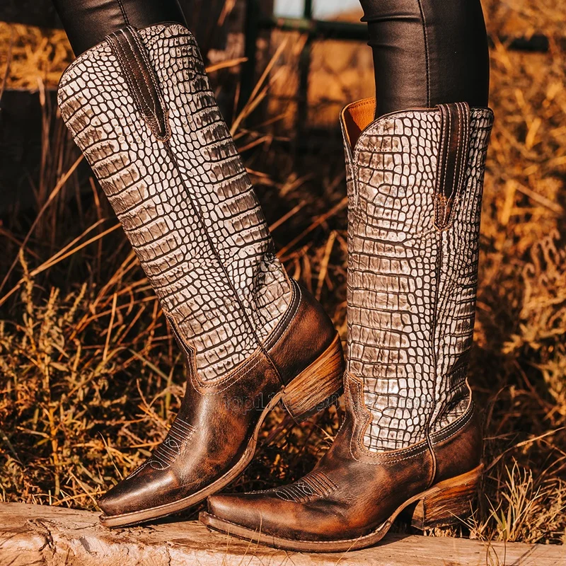 

Mixed Color Crack Pattern Sewing Design Boots Slip On Women Shoes Chunky Heels Novel Fashion Banquet 2023 Zapatos Para Mujere