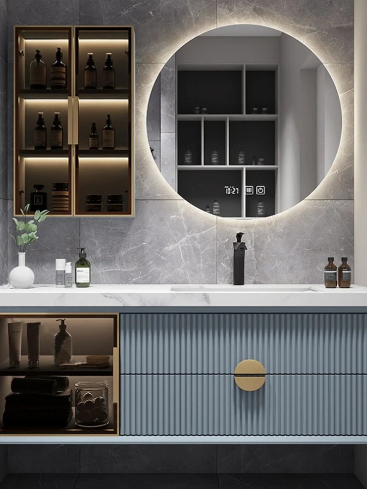 

Light luxury bathroom cabinet combination solid wood washbasin, rock panel integrated basin, washbasin, intelligent mirror