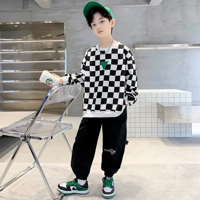 

New Fashion Boys Clothes Sets Casual Letter Checker Boys Suit Baby Children's Sportswear Outfits Sweatshirt+Pants Tracksuits