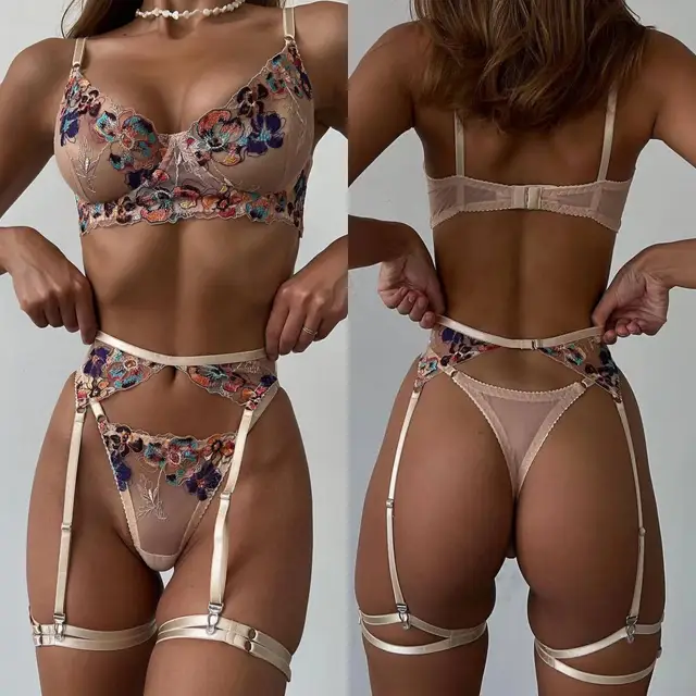 Krasapt – Lingerie transparente brodée de luxe, 4 pièces, Kits de sous-vêtements fantaisie pour soins de la peau, ensemble de Lingerie érotique et intime avec jarretelles 1