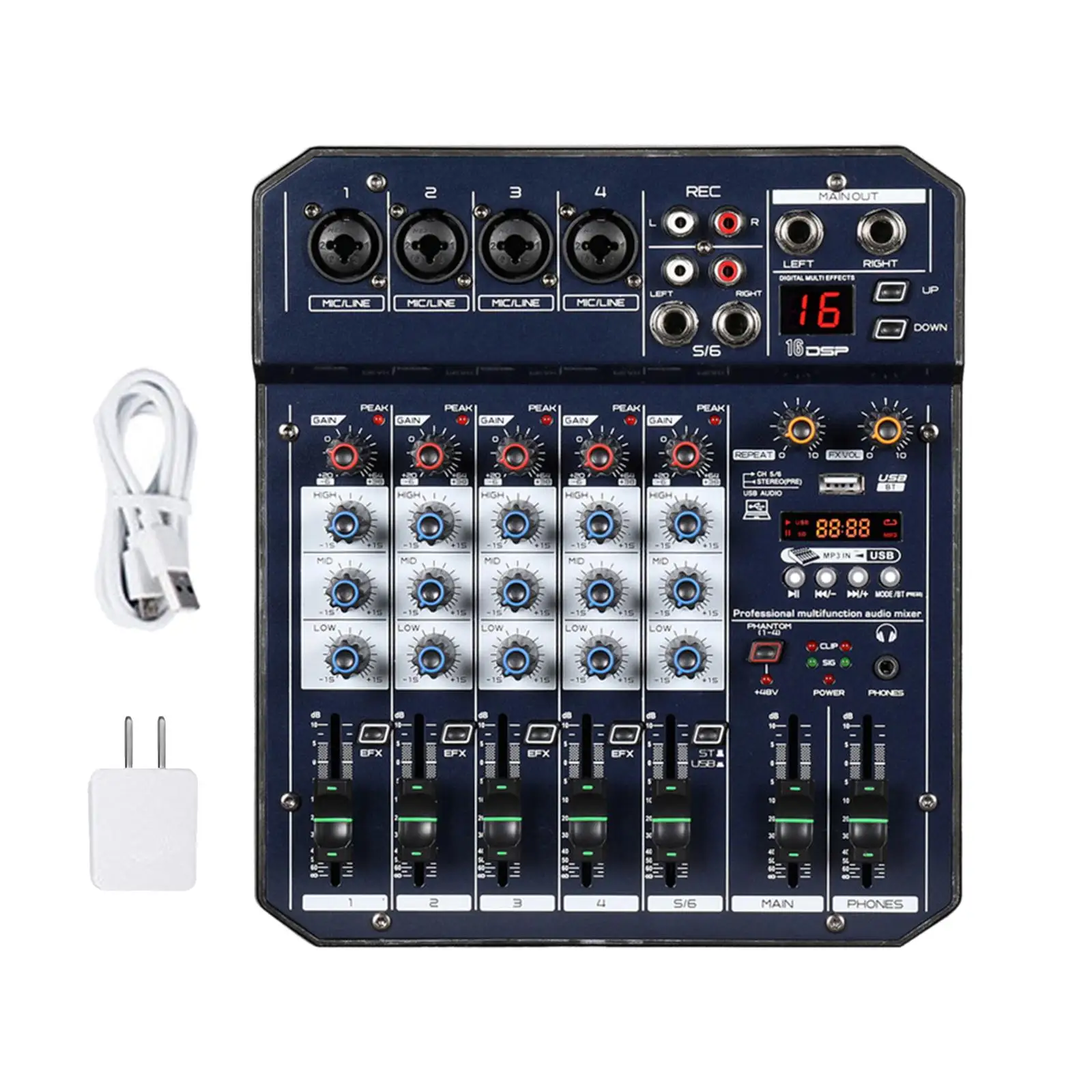 6 Channel Audio Mixer 48V Power Professional Compact Low Noise Sound