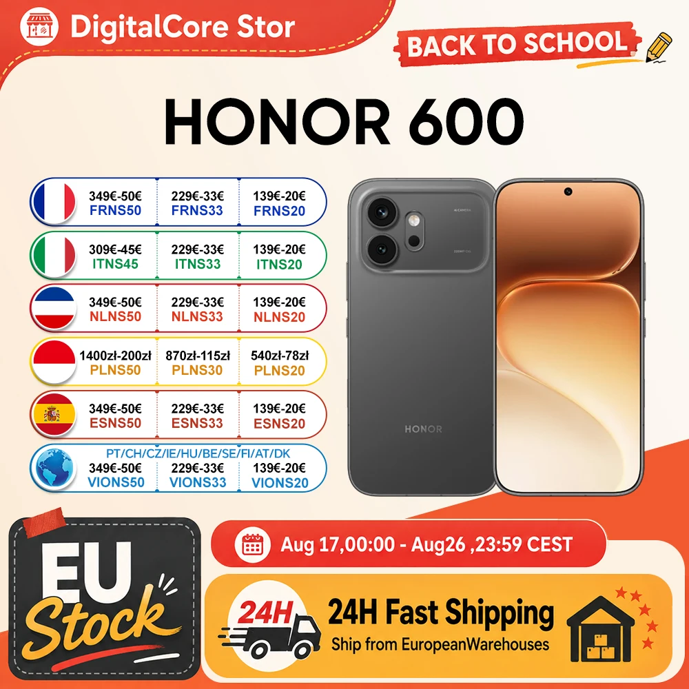 Smartphone HONOR 600 5G Version UE Snapdragon 7 Gen4 Écran AMOLED 6,57 pouces 6400 mAh 80W SuperCharge 8 Go+256 Go/512 Go Caméra ultra-nuit IA 200 MP OIS Design unibody en métal NFC IP68 1