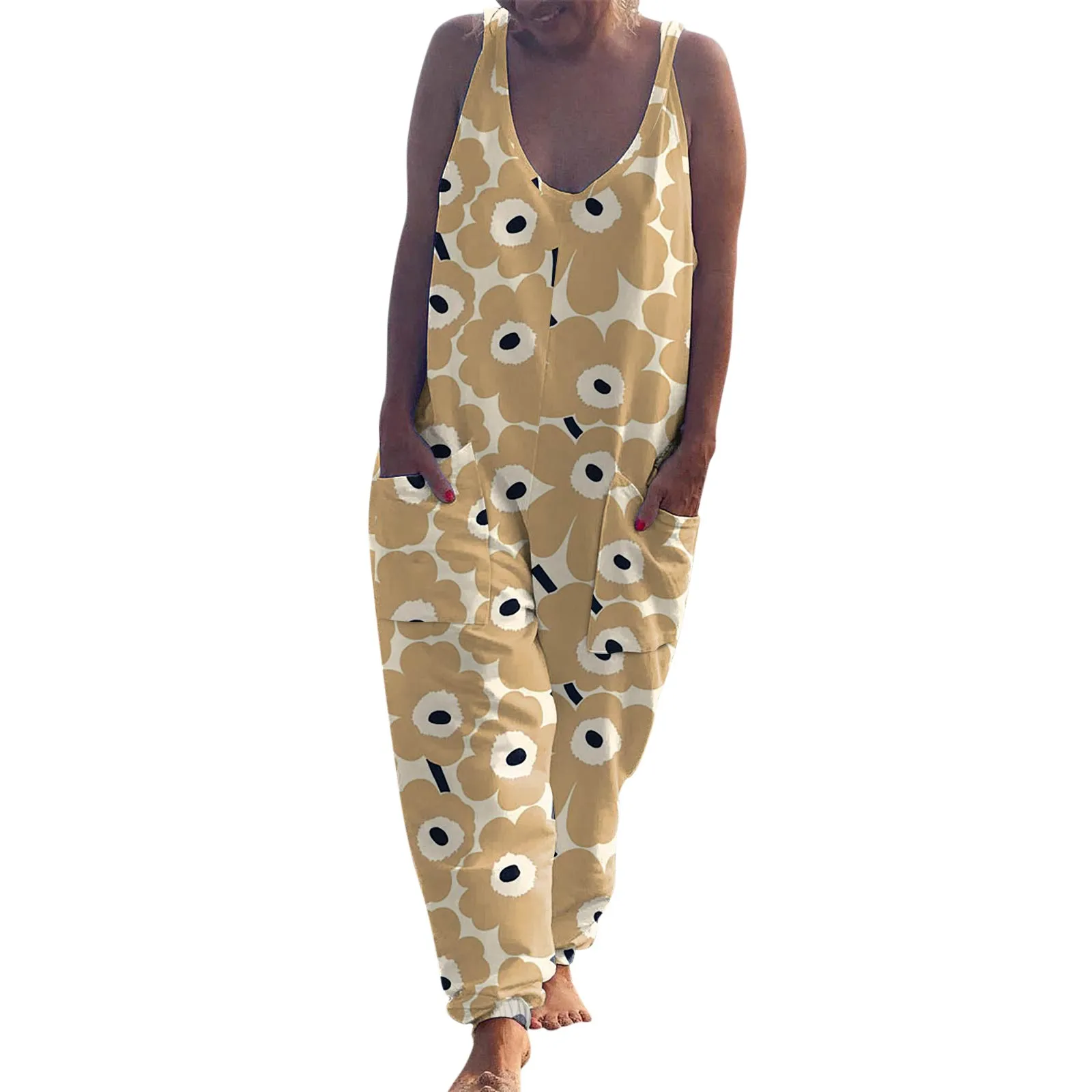 Summer Boho Print Jumpsuits Women Loose Linen Sleeveless Jumpsuits Wide