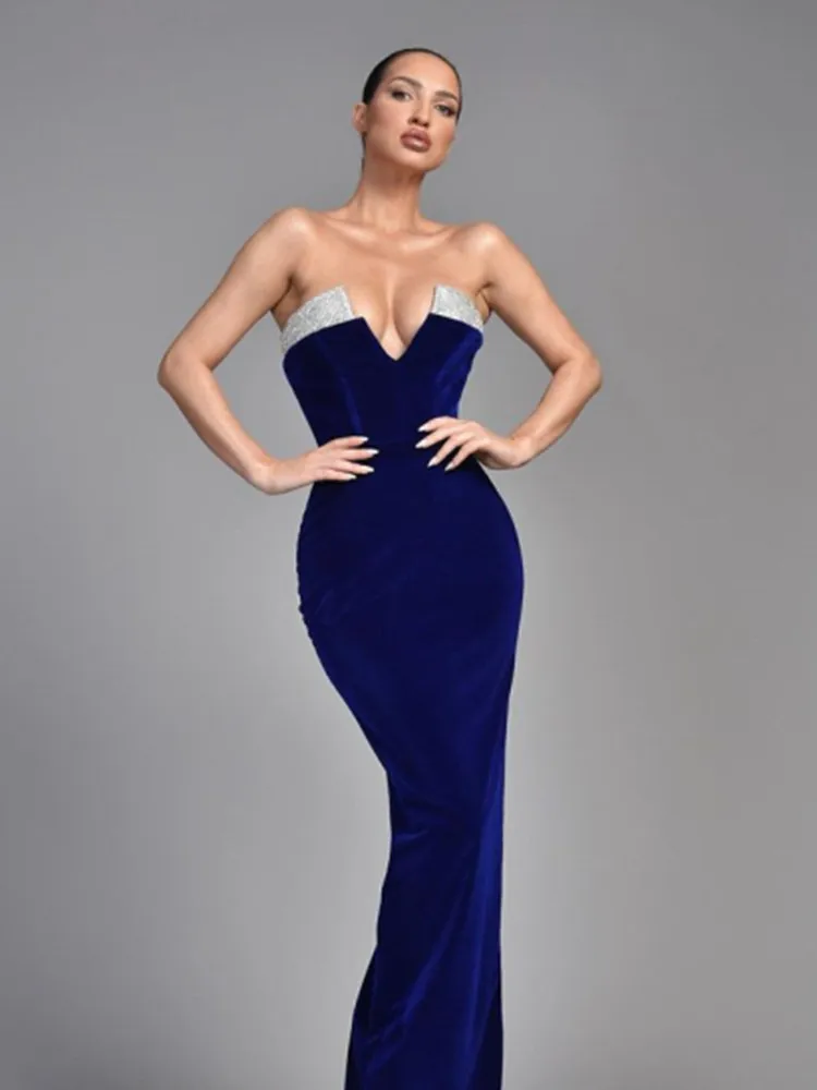 

Темно-синее женское сексуальное облегающее длинное платье-макси без бретелек, праздничный элегантный вечерний наряд, клубная одежда