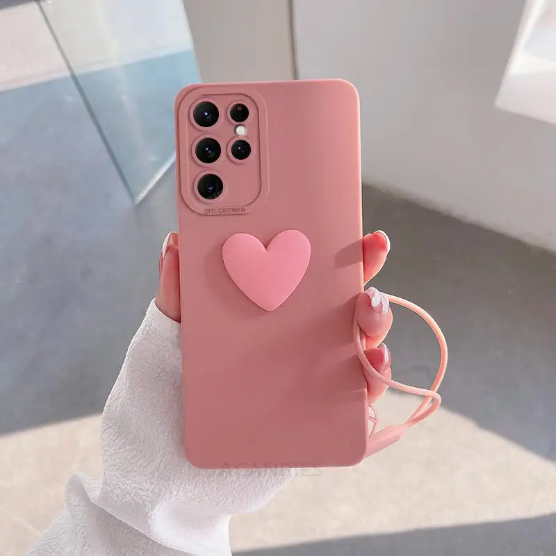 Cute 3D Love Heart Silicone Phone Case with Lanyard Wrist Strap Cover