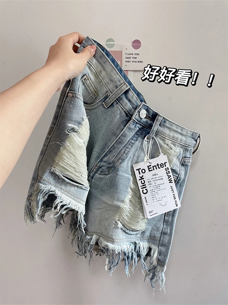 

High Waist Denim Shorts Women Summer 2023 New Korean Fashion Loose Ripped Hole Jeans Burrs Sexy Wide Leg Pants Stylish Short