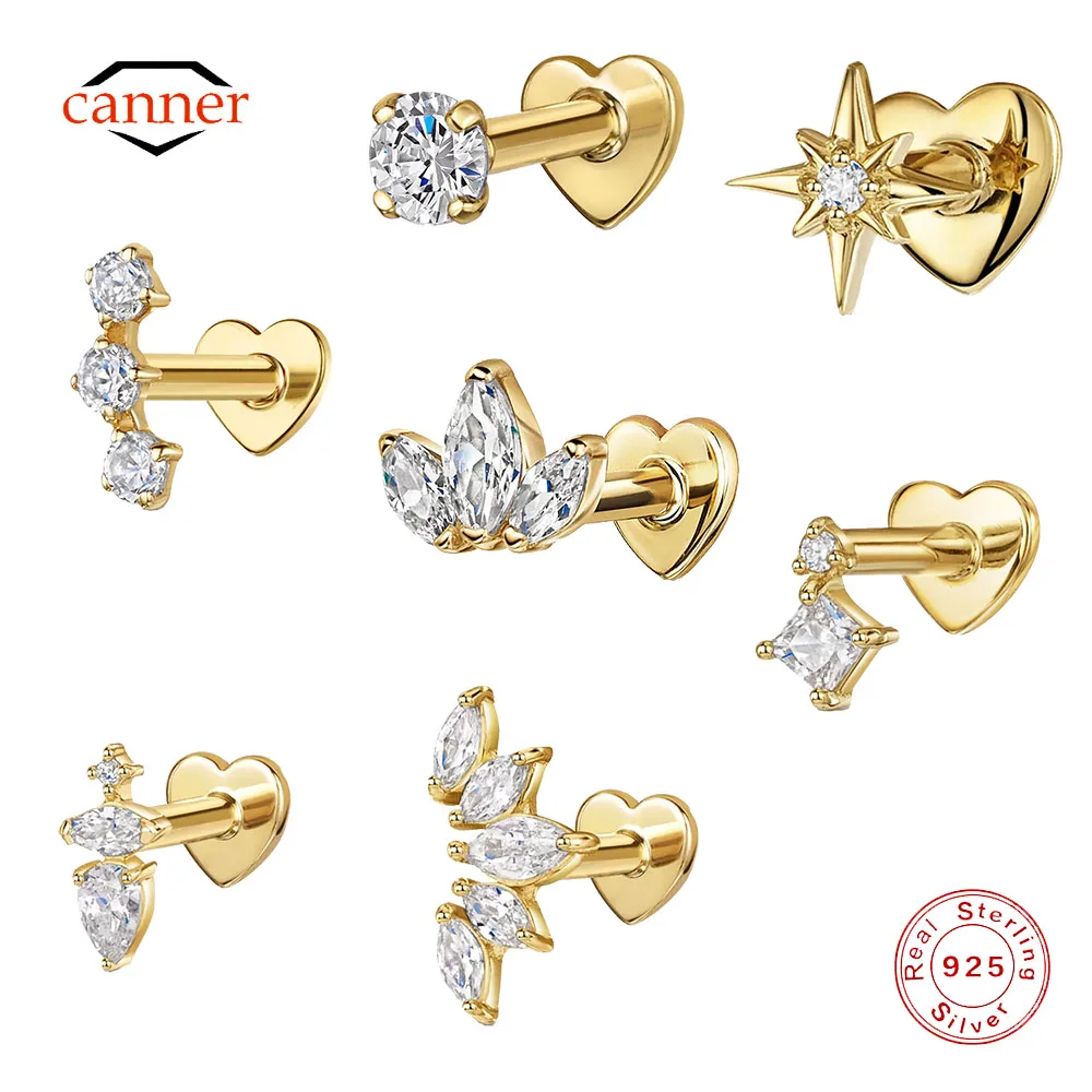 

CANNER 1PC 925 Sterling Silver Crown Horse Eye Zircon Heart Flat Head Cartilage Piercing Stud Earring For Women Claasic Earring