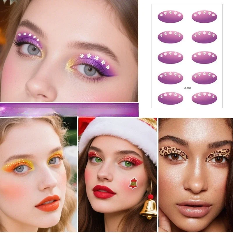 adesivi trucco occhi applicati con effetto viola rosso arancio e leopardato