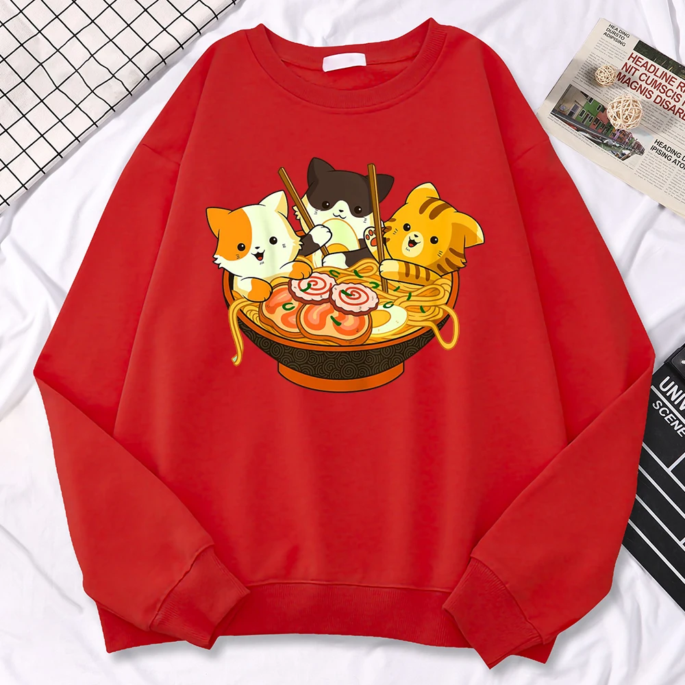 Einfaches Kawaii-Sweatshirt für Frauen, Anime-Katzen, die japanische Ramen-Nudeln essen, bedruckte Hoodies, lockere warme Pullover-Kleidung mit Rundhalsausschnitt – Detail 16