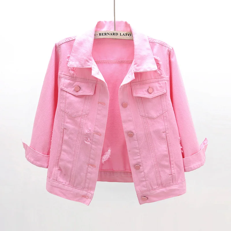

Autumn Korean Loose Denim Jackets Women Holes Three Quarter Sleeve Short Student Outerwear Pink White Jeans Jacket Coat Female